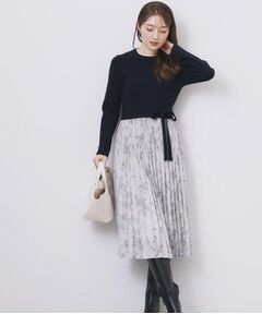 index / インデックス ミニ丈・ひざ丈ワンピース | フラワープリーツドッキングニットワンピース【洗濯機OK】