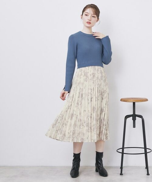 index / インデックス ミニ丈・ひざ丈ワンピース | フラワープリーツドッキングニットワンピース【洗濯機OK】 | 詳細13