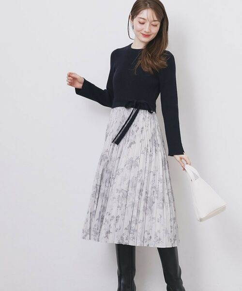 index / インデックス ミニ丈・ひざ丈ワンピース | フラワープリーツドッキングニットワンピース【洗濯機OK】 | 詳細15