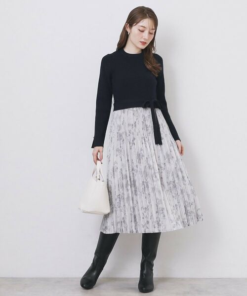 index / インデックス ミニ丈・ひざ丈ワンピース | フラワープリーツドッキングニットワンピース【洗濯機OK】 | 詳細16