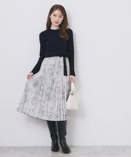 index / インデックス ミニ丈・ひざ丈ワンピース | フラワープリーツドッキングニットワンピース【洗濯機OK】 | 詳細17