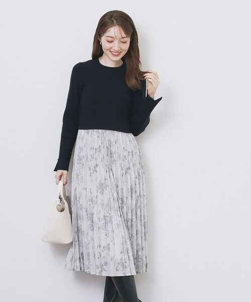 index / インデックス ミニ丈・ひざ丈ワンピース | フラワープリーツドッキングニットワンピース【洗濯機OK】 | 詳細19
