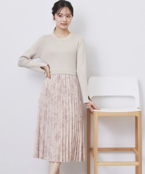 index / インデックス ミニ丈・ひざ丈ワンピース | フラワープリーツドッキングニットワンピース【洗濯機OK】 | 詳細4