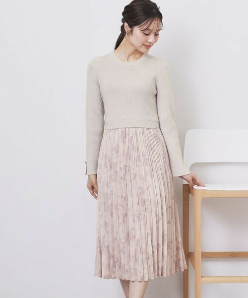 index / インデックス ミニ丈・ひざ丈ワンピース | フラワープリーツドッキングニットワンピース【洗濯機OK】 | 詳細5