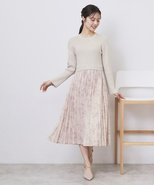 index / インデックス ミニ丈・ひざ丈ワンピース | フラワープリーツドッキングニットワンピース【洗濯機OK】 | 詳細6