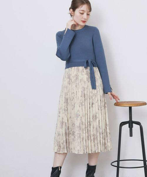 index / インデックス ミニ丈・ひざ丈ワンピース | フラワープリーツドッキングニットワンピース【洗濯機OK】 | 詳細8