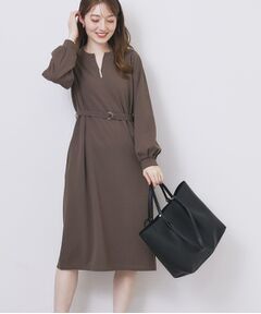 index / インデックス ミニ丈・ひざ丈ワンピース | パール調ボタン付きキーネックワンピース【洗濯機OK】《S～3L》