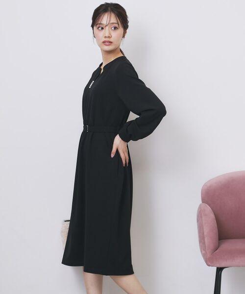 index / インデックス ミニ丈・ひざ丈ワンピース | パール調ボタン付きキーネックワンピース【洗濯機OK】《S～3L》 | 詳細3