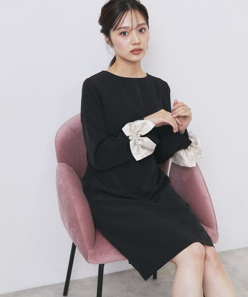 index / インデックス ミニ丈・ひざ丈ワンピース | ダブルクロスリボンスリーブワンピース【洗濯機OK】(ブラック(019))