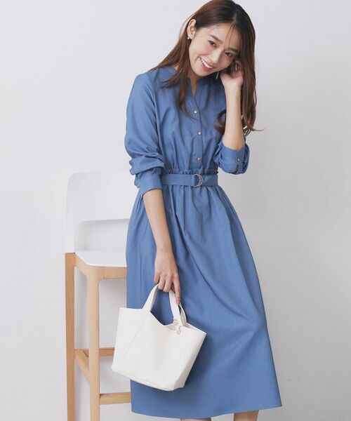 index / インデックス ロング・マキシ丈ワンピース | シャンブレーツイルドッキングフレアワンピース【洗濯機OK/イージーアイロン】(ブルー(093))