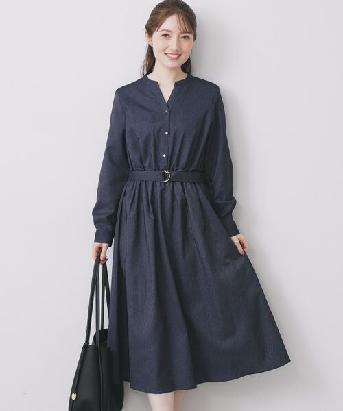 index/インデックス シャンブレーツイルドッキングフレアワンピース【洗濯機OK/イージーアイロン】 ネイビー(094) 38(M)