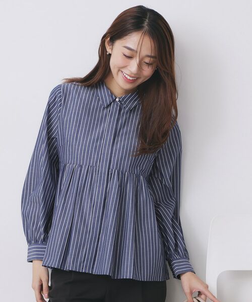 index / インデックス シャツ・ブラウス | ラメストライプ衿付きペプラムブラウス【洗濯機OK/イージーアイロン/防シワ】《6col》(ネイビー(894))