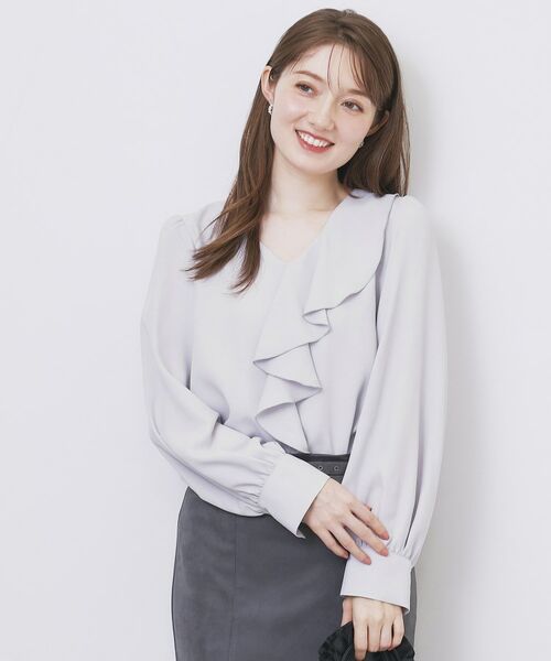 index/インデックス Vネックフリルブラウス【洗濯機OK/イージーアイロン】 サックスブルー(090) 42(LL)