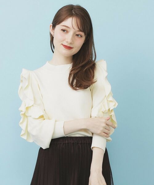 index/インデックス ハイネックシアーフリルスリーブニット【洗濯機OK/抗ピル】 オフホワイト(003) 38(M)