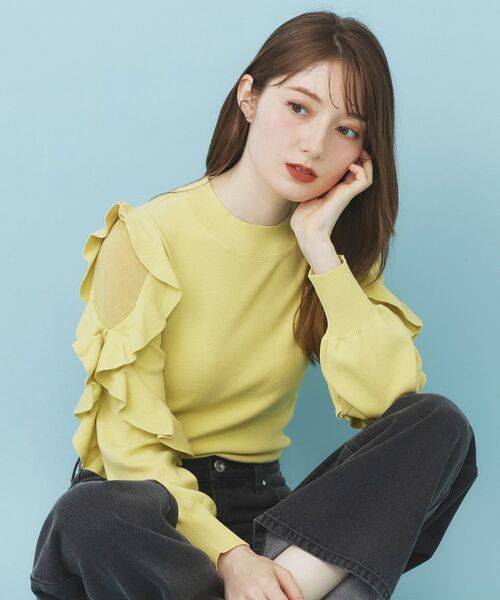 index/インデックス ハイネックシアーフリルスリーブニット【洗濯機OK/抗ピル】 イエロー(031) 36(S)