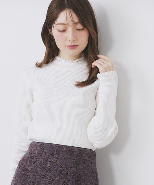 index / インデックス ニット・セーター | コットンレースフリルリブニット【洗濯機OK/抗ピル】(オフホワイト(003))
