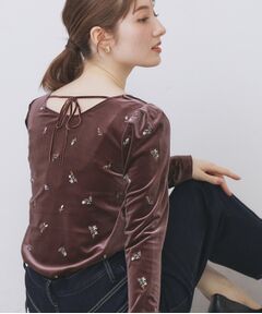 index / インデックス カットソー | バックシャン小花刺繍ベロアトップス【洗濯機OK】