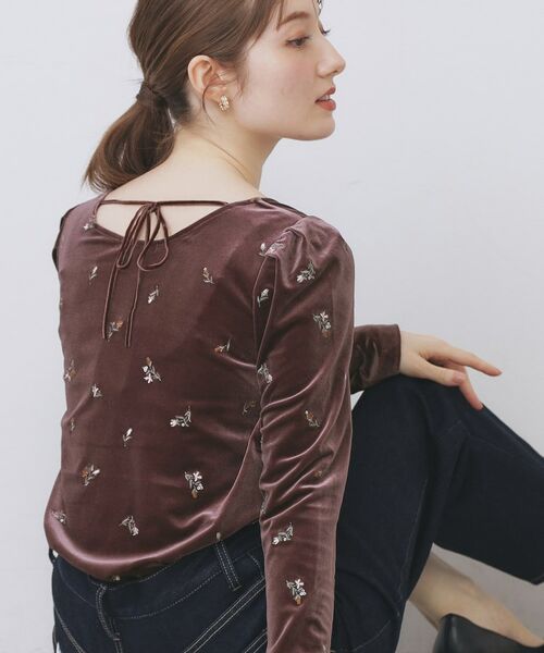 index / インデックス カットソー | バックシャン小花刺繍ベロアトップス【洗濯機OK】(パープル(082))