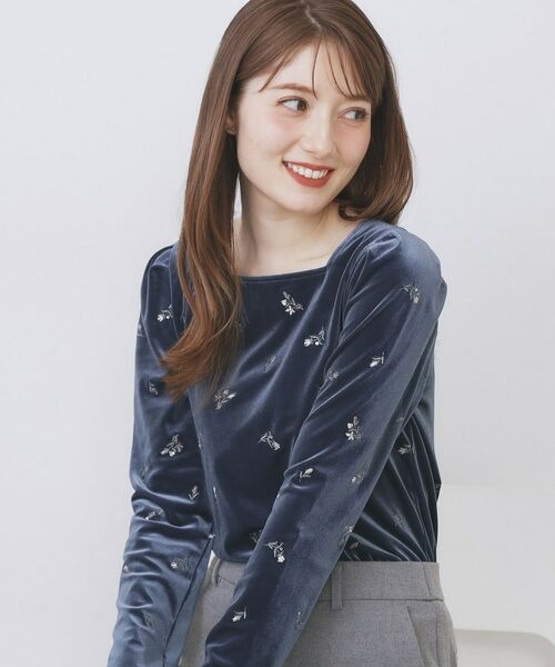 index / インデックス カットソー | バックシャン小花刺繍ベロアトップス【洗濯機OK】(ネイビー(094))