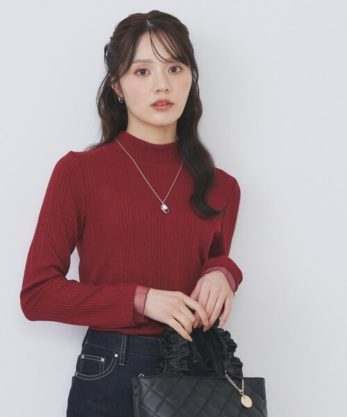index / インデックス カットソー | ランダムリブハイネックトップス【洗濯機OK/吸湿発熱】(ボルドー(864))