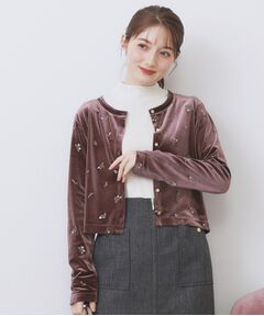 index / インデックス カーディガン・ボレロ | 小花刺繍ベロアショートカーディガン【洗濯機OK】