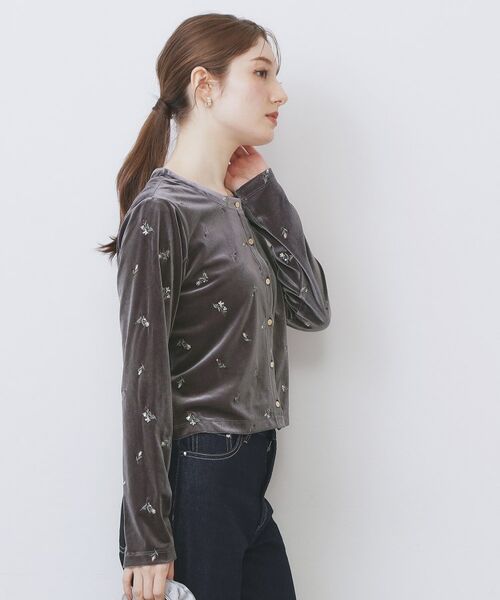 index / インデックス カーディガン・ボレロ | 小花刺繍ベロアショートカーディガン【洗濯機OK】 | 詳細1