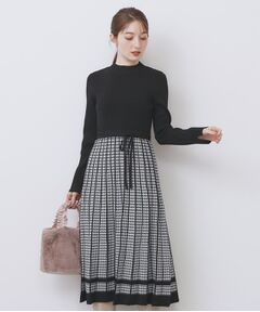 index / インデックス ミニ丈・ひざ丈ワンピース | 千鳥チェックバイカラーニットワンピース【洗濯機OK/抗ピル】