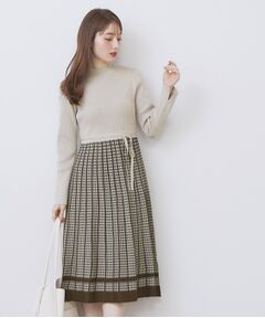 index / インデックス ミニ丈・ひざ丈ワンピース | 千鳥チェックバイカラーニットワンピース【洗濯機OK/抗ピル】