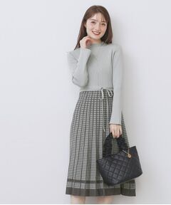 index / インデックス ミニ丈・ひざ丈ワンピース | 千鳥チェックバイカラーニットワンピース【洗濯機OK/抗ピル】