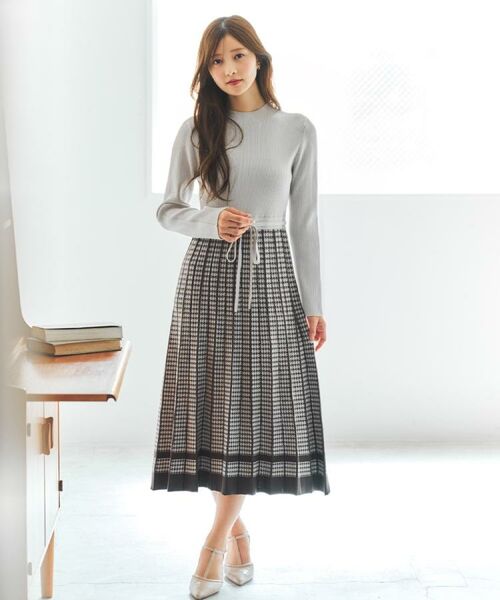 index / インデックス ミニ丈・ひざ丈ワンピース | 千鳥チェックバイカラーニットワンピース【洗濯機OK/抗ピル】 | 詳細1