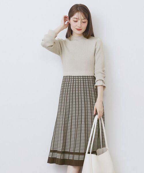 index / インデックス ミニ丈・ひざ丈ワンピース | 千鳥チェックバイカラーニットワンピース【洗濯機OK/抗ピル】 | 詳細14
