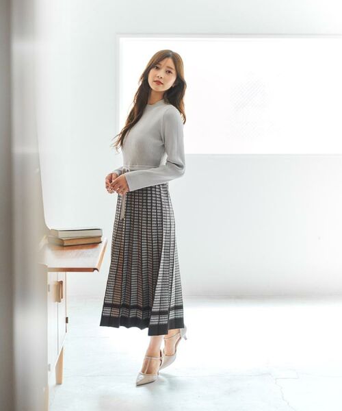 index / インデックス ミニ丈・ひざ丈ワンピース | 千鳥チェックバイカラーニットワンピース【洗濯機OK/抗ピル】 | 詳細2