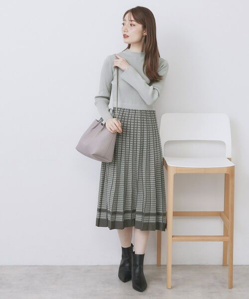 index / インデックス ミニ丈・ひざ丈ワンピース | 千鳥チェックバイカラーニットワンピース【洗濯機OK/抗ピル】 | 詳細22