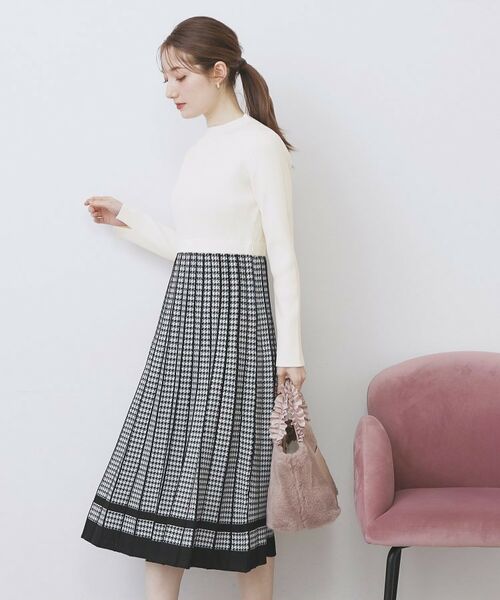 index / インデックス ミニ丈・ひざ丈ワンピース | 千鳥チェックバイカラーニットワンピース【洗濯機OK/抗ピル】 | 詳細28