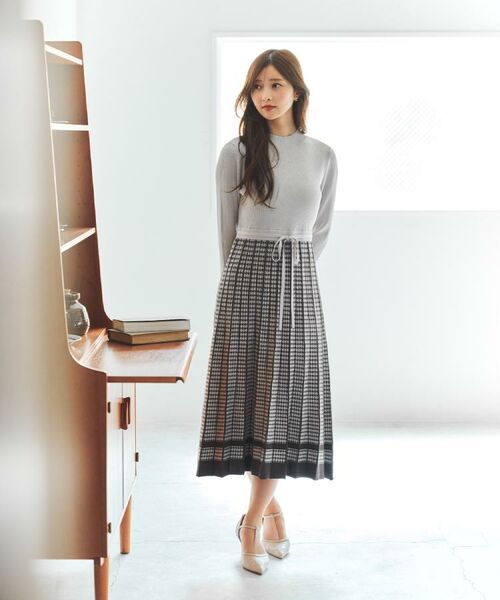index / インデックス ミニ丈・ひざ丈ワンピース | 千鳥チェックバイカラーニットワンピース【洗濯機OK/抗ピル】 | 詳細3