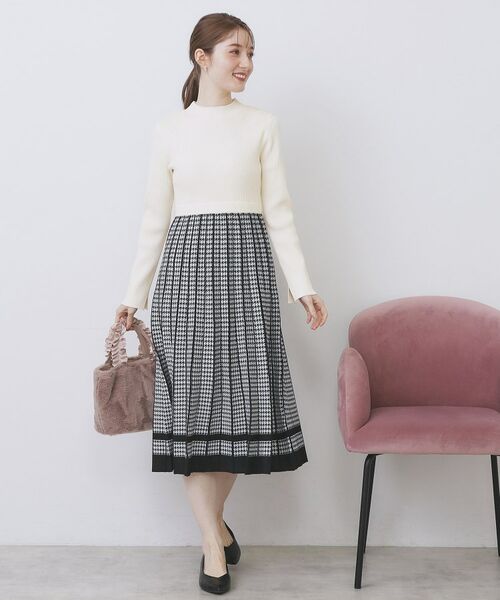 index / インデックス ミニ丈・ひざ丈ワンピース | 千鳥チェックバイカラーニットワンピース【洗濯機OK/抗ピル】 | 詳細30