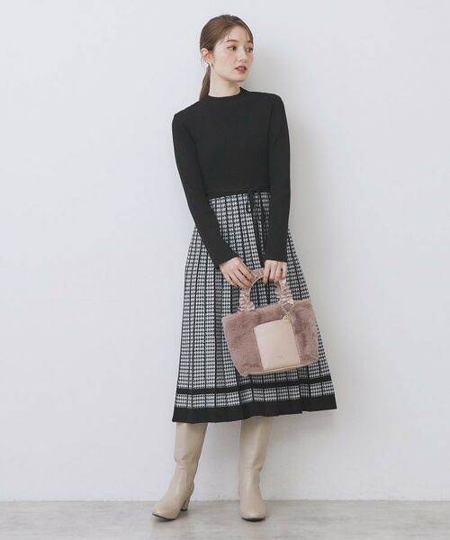 index / インデックス ミニ丈・ひざ丈ワンピース | 千鳥チェックバイカラーニットワンピース【洗濯機OK/抗ピル】 | 詳細5