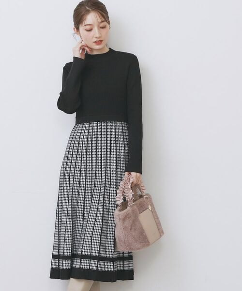index / インデックス ミニ丈・ひざ丈ワンピース | 千鳥チェックバイカラーニットワンピース【洗濯機OK/抗ピル】 | 詳細7