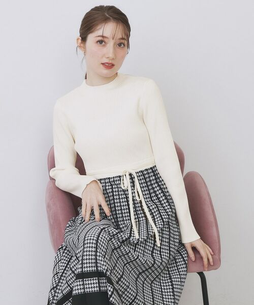 index / インデックス ミニ丈・ひざ丈ワンピース | 千鳥チェックバイカラーニットワンピース【洗濯機OK/抗ピル】(オフホワイト(803))