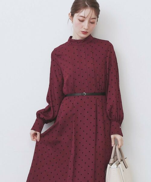 index / インデックス ミニ丈・ひざ丈ワンピース | ドットデザインタックワンピース【洗濯機OK/イージーアイロン】(ボルドー(164))