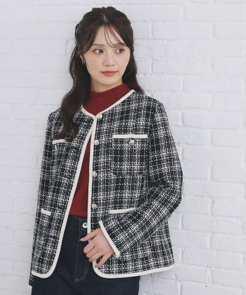 index / インデックス ノーカラージャケット | チェックツイードジャケットコート/セットアップ対応【洗える】(ブラック(219))