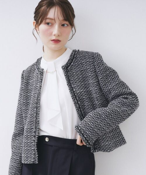 index/インデックス ≪通勤・セレモニー/セットアップ対応≫ノーカラーツイードジャケット【洗濯機OK】 ブラック(519) 36(S) index/インデックス ≪通勤・セレモニー/セットアップ対応≫ノーカラーツイードジャケット【洗濯機OK】 ブラック(519) 36(S)