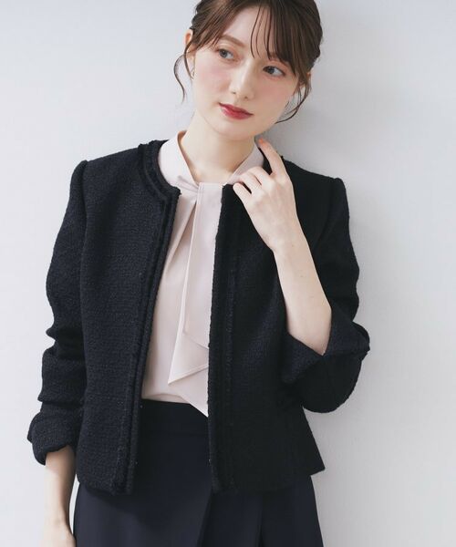 index/インデックス ≪通勤・セレモニー/セットアップ対応≫ノーカラーツイードジャケット【洗濯機OK】 ネイビー(094) 38(M) index/インデックス ≪通勤・セレモニー/セットアップ対応≫ノーカラーツイードジャケット【洗濯機OK】 ネイビー(094) 38(M)