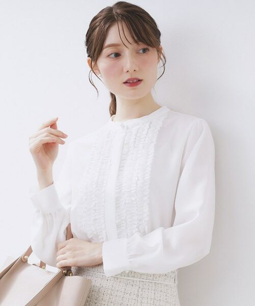 index / インデックス シャツ・ブラウス | バンドカラーフリルブラウス【洗濯機OK/防シワ】(オフホワイト(003))