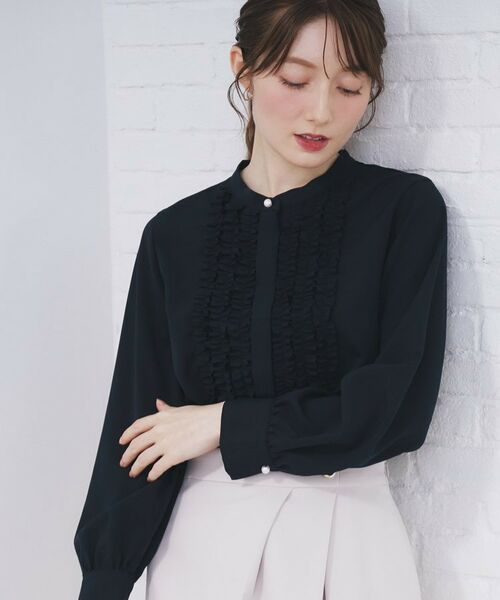 index / インデックス シャツ・ブラウス | バンドカラーフリルブラウス【洗濯機OK/防シワ】(ネイビー(094))