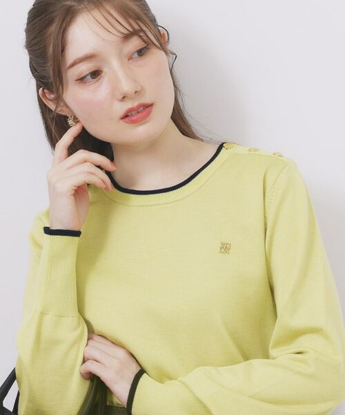 index / インデックス ニット・セーター | ゴールドパーツ付きバイカラークルーネックニット【洗濯機OK】(イエロー(531))