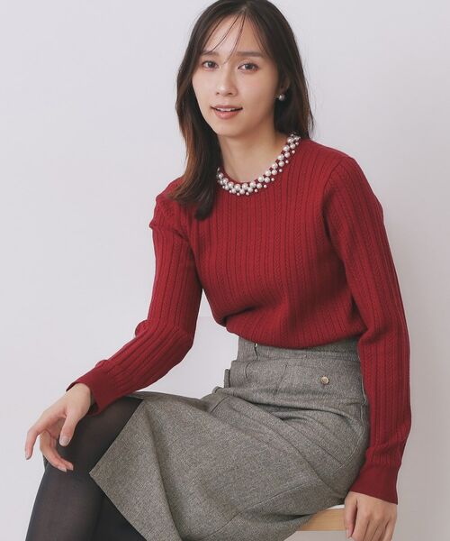 index / インデックス ニット・セーター | パール調ネックケーブルニット【洗濯機OK】(レッド(062))
