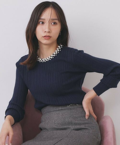 index / インデックス ニット・セーター | パール調ネックケーブルニット【洗濯機OK】(ネイビー(094))