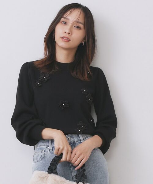 index / インデックス ニット・セーター | フラワーモチーフハイネックニット【洗える】(ブラック(019))