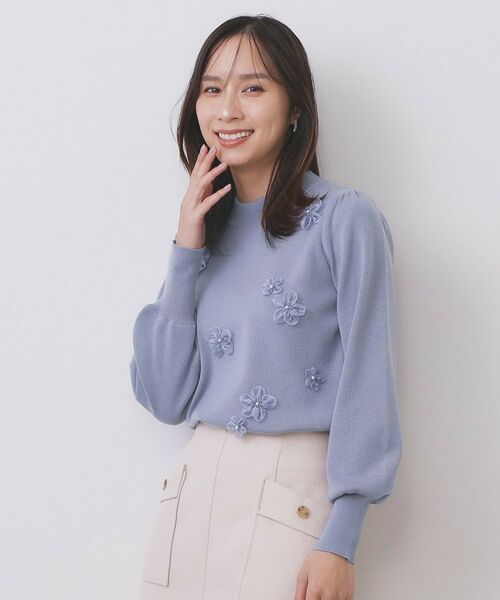 index / インデックス ニット・セーター | フラワーモチーフハイネックニット【洗える】(ブルー(091))
